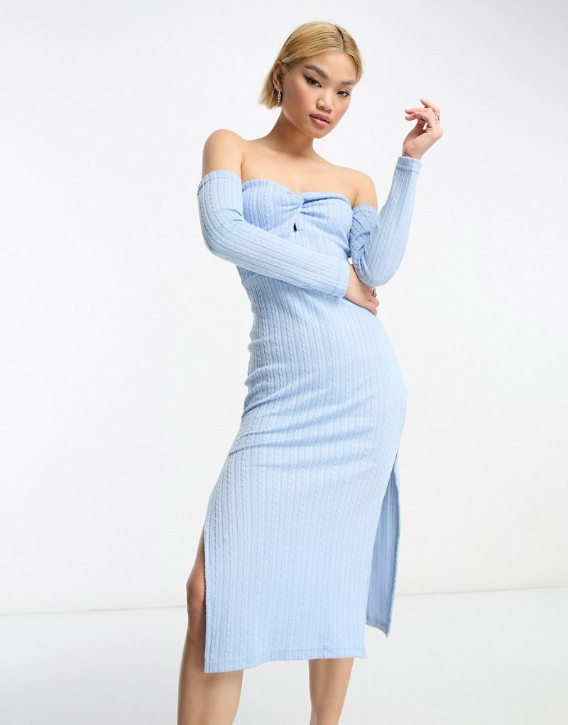 Синее трикотажное платье миди с открытыми плечами и разрезом до бедра Rebellious Fashion Rebellious Fashion