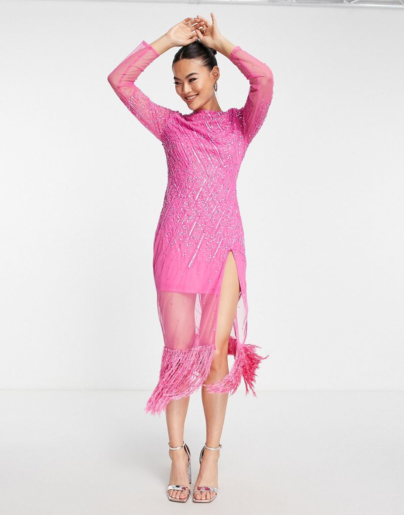 Ярко-розовое платье миди с пайетками Starlet и отделкой из искусственных перьев Starlet