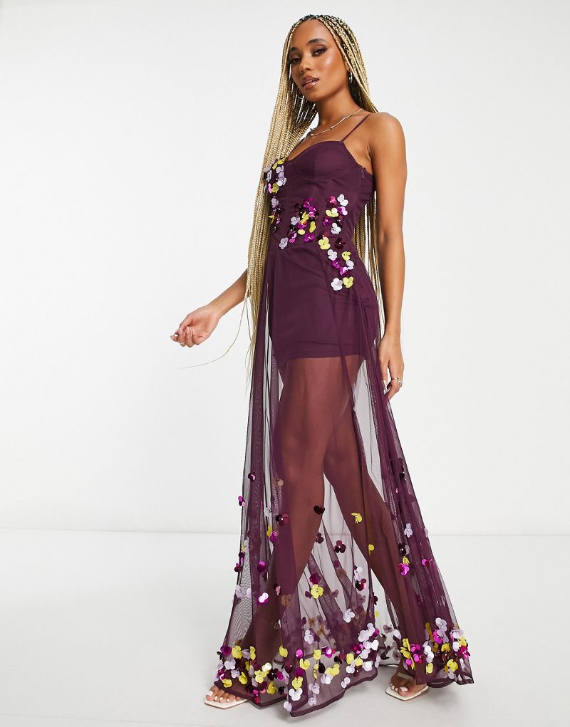 Эксклюзивное сливовое платье макси с корсетом и цветочным декором Starlet Starlet