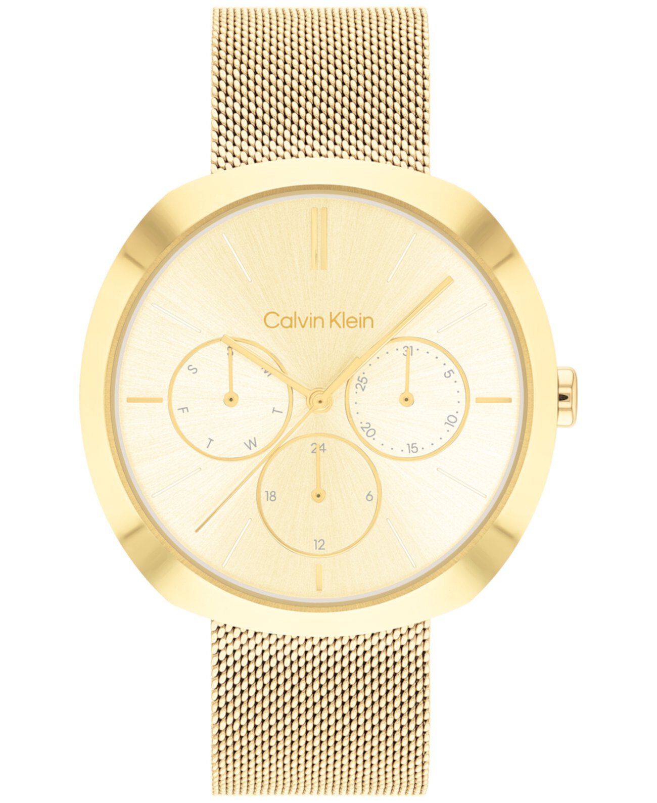 Женские многофункциональные золотые часы с сетчатым браслетом из нержавеющей стали 38 мм Calvin Klein