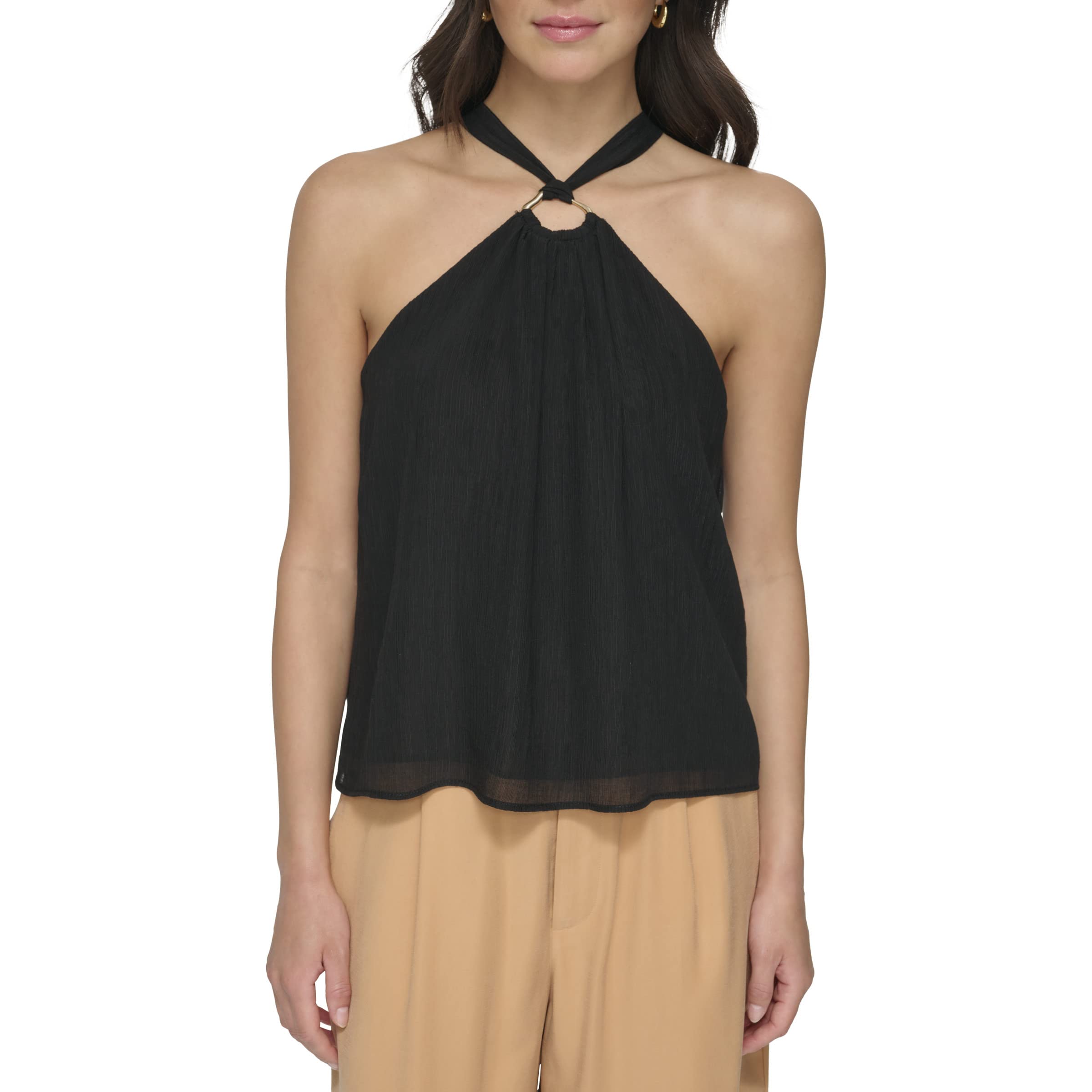 Sleeveless Crinkle Rayon Crossover Blouse Dkny