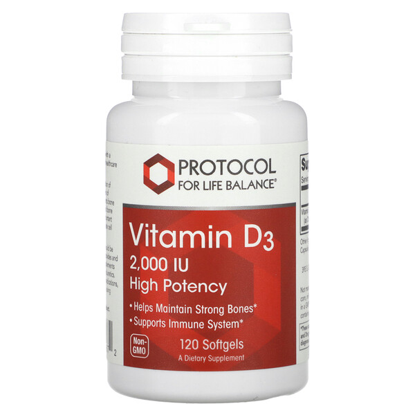 Витамин D3, Высокая активность, 2000МЕ - 120 мягких капсул - Protocol for Life Balance Protocol for Life Balance