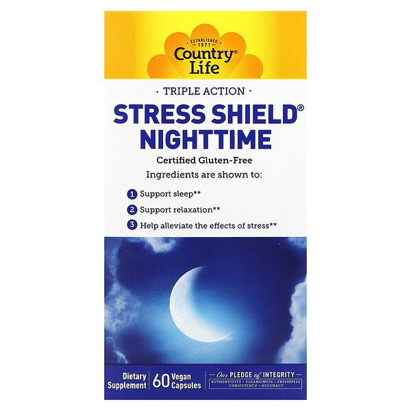 Stress Shield Nighttime, тройного действия, 60 веганских капсул Country Life