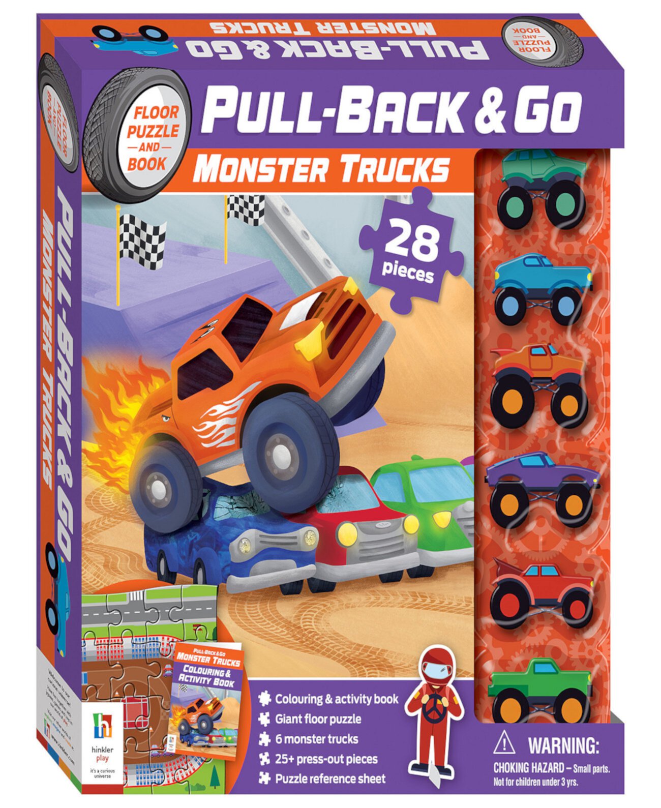 Pull Back And Go Monster Trucks 28 предметов напольная головоломка игровой коврик раскраска и книга для занятий 6 Pull And Go Cars Activity Set для детей Hinkler