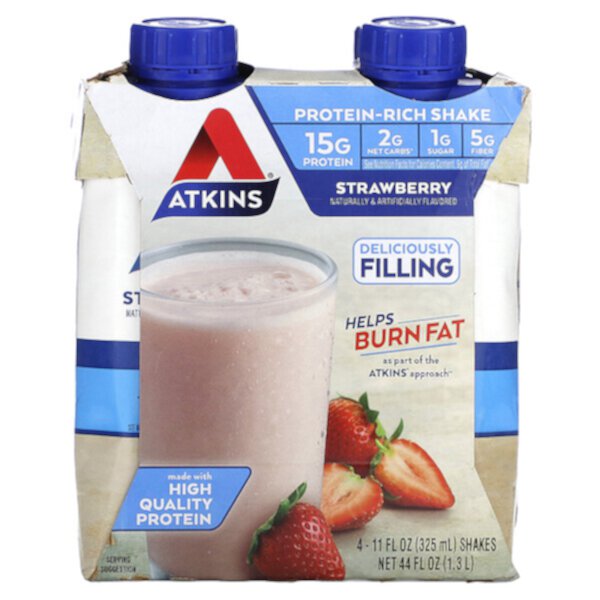 Protein-Rich Shake, Strawberry, 4 Shakes, 11 fl oz (325 ml) Each Atkins