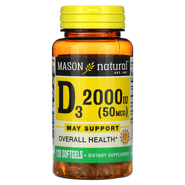 D3, 50 мкг (2000 МЕ), 120 мягких таблеток Mason Natural