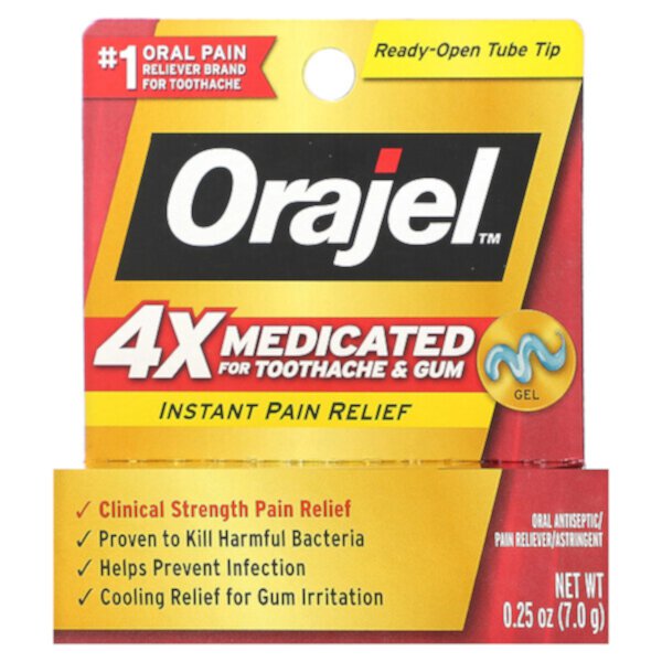 Instant Pain Relief Gel, 4X Medicated For Toothache & Gum, 0.25 oz (7 g) Orajel