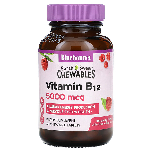 Earth Sweet Chewables, витамин B12, малина, 5000 мкг, 60 жевательных таблеток Bluebonnet Nutrition