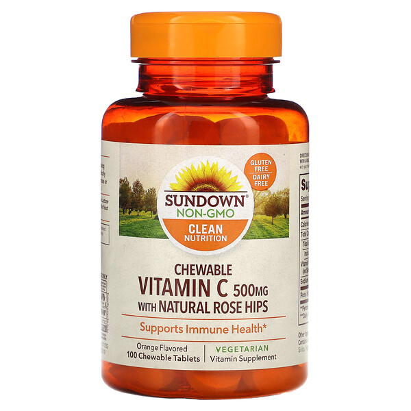 Жевательный витамин С с натуральными плодами шиповника, апельсин, 500 мг, 100 жевательных таблеток Sundown Naturals