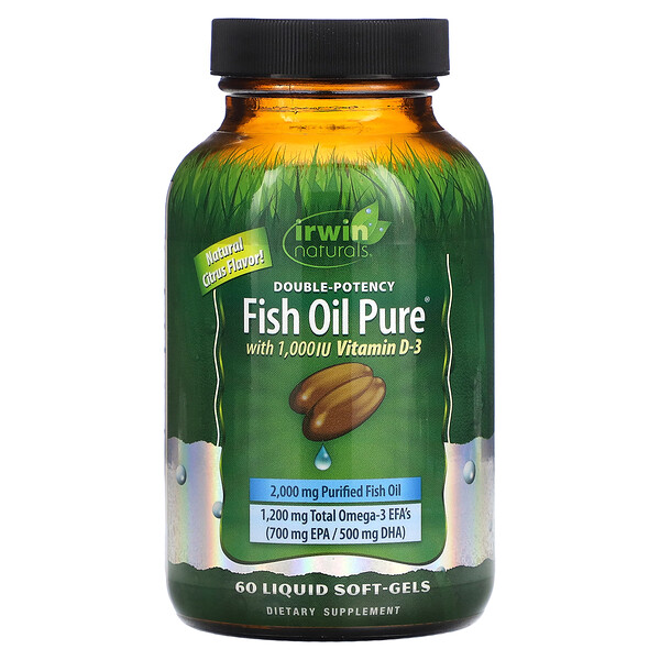 Fish Oil Pure, Double Potency, Citrus, 60 Liquid Soft-Gels (Жидкие мягкие капсулы) Irwin Naturals