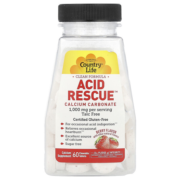 Acid Rescue, Карбонат кальция, ягодный вкус, 1000 мг, 60 жевательных таблеток (500 мг на таблетку) Country Life