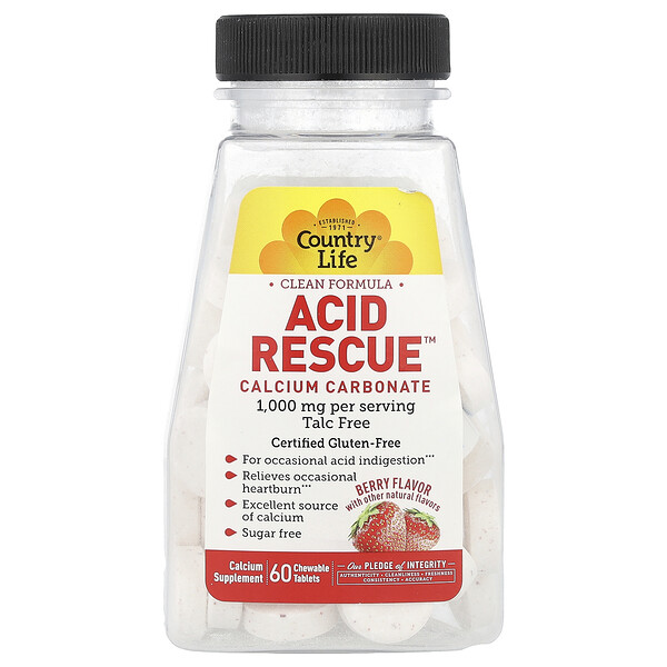 Acid Rescue, Calcium Carbonate, Berry Flavor, 1,000 mg, 60 Chewable Tablets (Жевательные таблетки) (500 mg per Tablet) Country Life