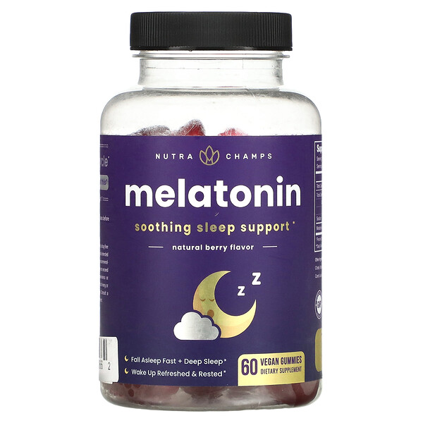 Мелатонин, Натуральная ягода, 60 веганских жевательных конфет NutraChamps