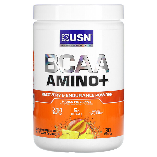 BCAA Amino+, Порошок для восстановления и выносливости, манго и ананас, 9,63 унции (273 г) USN