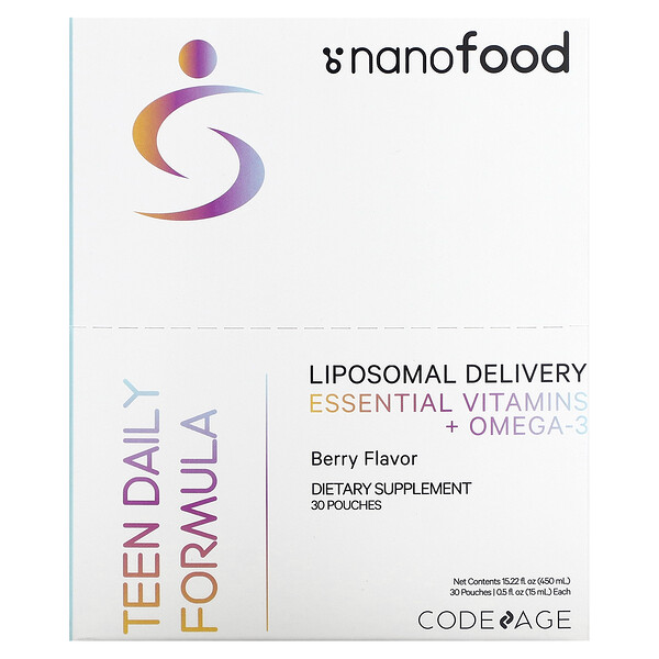 Nanofood, Ежедневная формула для подростков, липосомальная доставка, незаменимые витамины + омега-3, ягоды, 30 пакетиков по 0,5 жидкой унции (15 мл) каждый Codeage