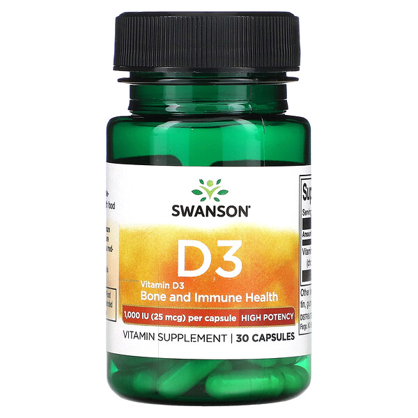 Витамин D3, высокая эффективность, 1000 МЕ (25 мкг), 30 капсул Swanson
