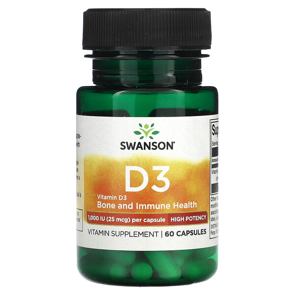 Витамин D3 высокой мощности - 25 мкг (1000 МЕ) - 60 капсул - Swanson Swanson