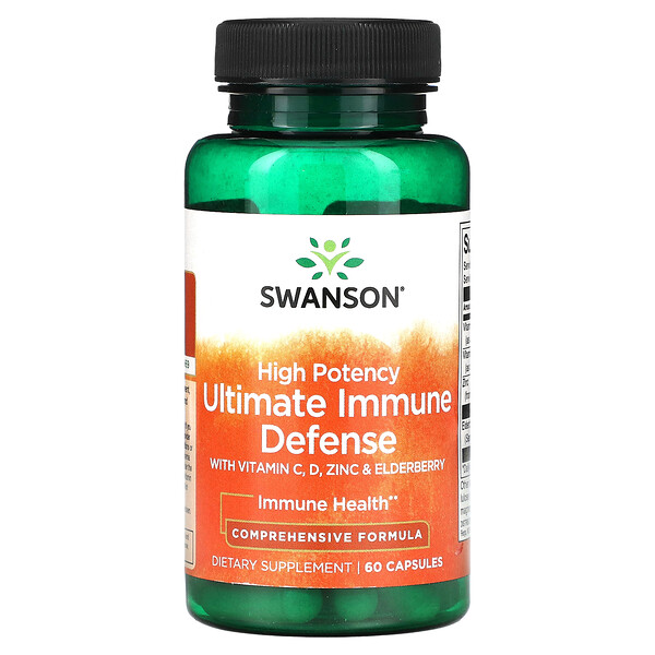 Высокоэффективная мощная иммунная защита с витаминами C, D, цинком и бузиной, 60 капсул Swanson