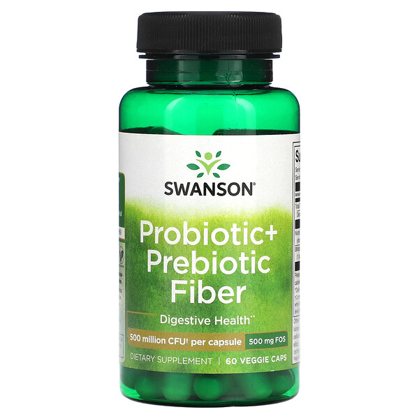 Пробиотик + Пребиотическая клетчатка - 500 миллионов КОЕ - 60 растительных капсул - Swanson Swanson
