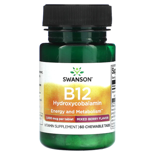 B12 Гидроксикобаламин, Вкус лесных ягод - 1000 мкг - 60 жевательных таблеток - Swanson Swanson