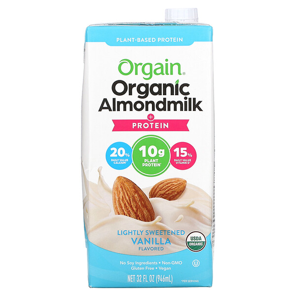 Органическое миндальное молоко на растительной основе + протеин, слегка подслащенная ваниль, 32 жидких унции (946 мл) Orgain
