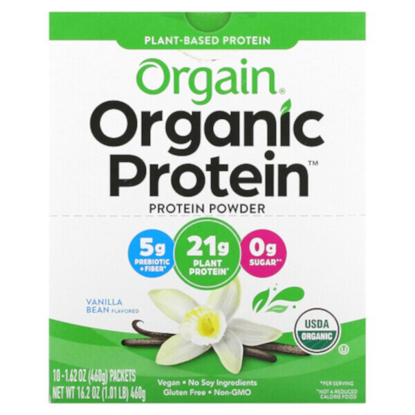 Органический протеиновый порошок, растительного происхождения, стручки ванили, 10 пакетов по 1,62 унции (46 г) каждый Orgain