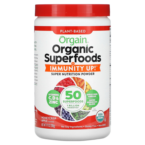 Органические суперпродукты на растительной основе + Immunity Up, яблоко с медовыми чипсами, 9,9 унций (280 г) Orgain