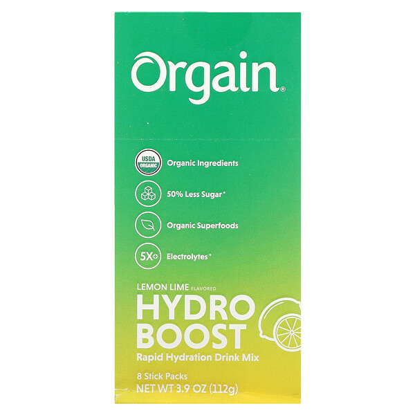 Смесь для приготовления напитка Hydro Boost Rapid Hydration, лимон и лайм, 8 пакетиков по 0,49 унции (14 г) каждый Orgain