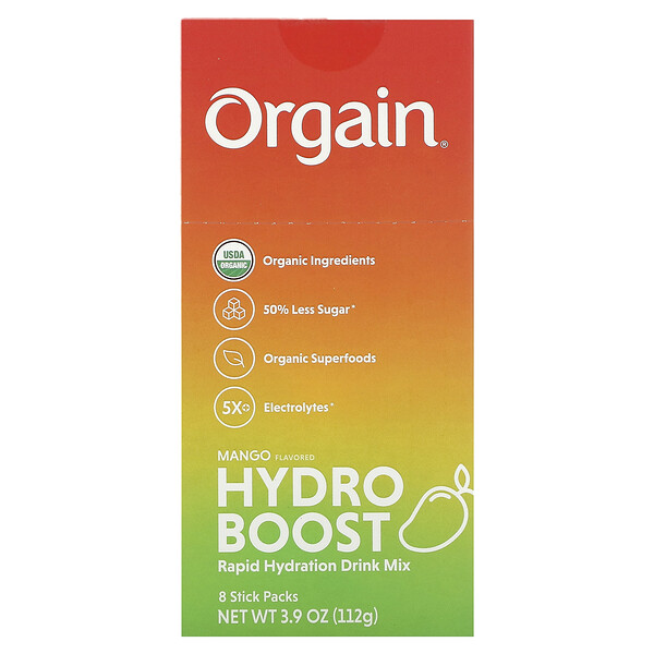Hydro Boost Rapid Hydration Drink Mix, манго, 8 пакетиков по 0,49 унции (14 г) каждый Orgain