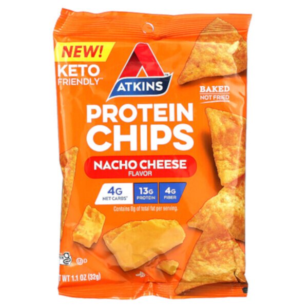 Протеиновые чипсы, сыр начо, 8 пакетиков по 1,1 унции (32 г) каждый Atkins