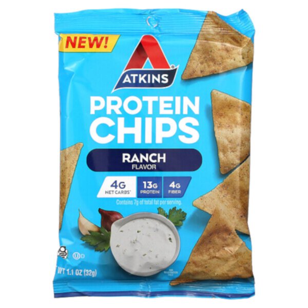 Протеиновые чипсы, Ranch, 8 пакетиков по 1,1 унции (32 г) каждый Atkins