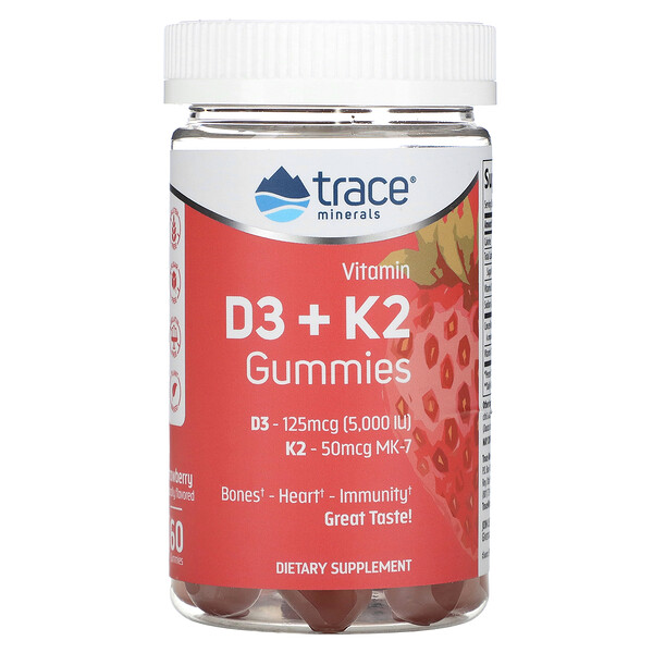 Витамин D3 + K2 в жевательных конфетах, Клубника, 60 конфет - Trace Minerals Research Trace Minerals Research