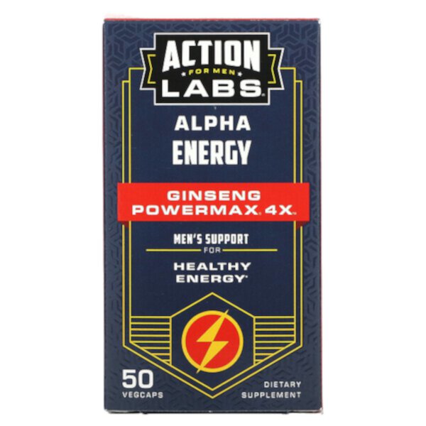 Alpha Energy, Женьшень Powermax 4x, поддержка для мужчин, 50 растительных капсул Action Labs