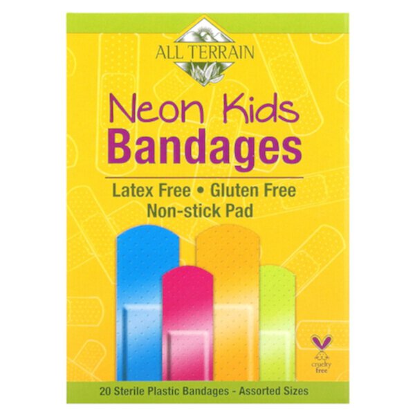 Neon Kids Bandages, Assorted Sizes, 20 Sterile Plastic Bandages All Terrain