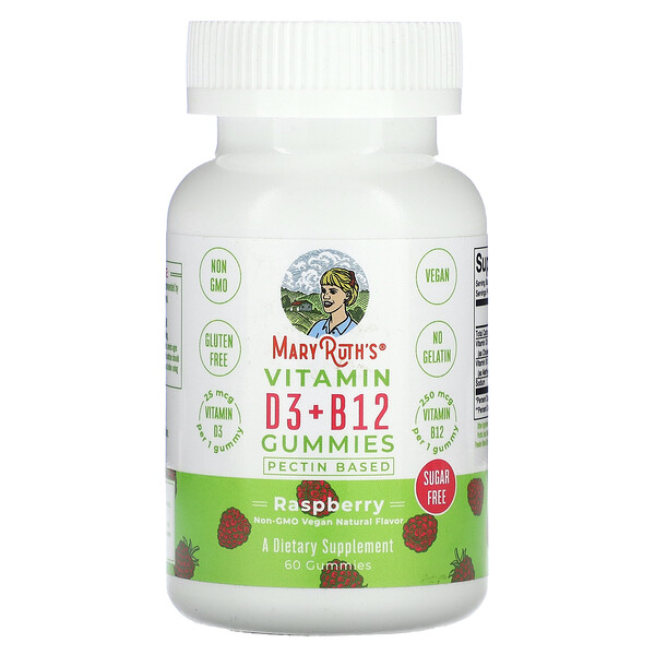 Жевательные конфеты с витамином D3 + B12, малина, 60 жевательных конфет MaryRuth Organics