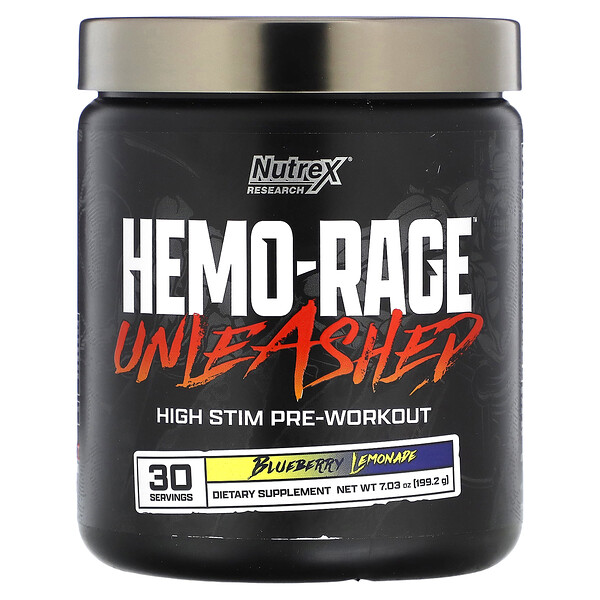 Hemo-Rage Unleashed, Предтренировочный комплекс High Stim, черничный лимонад, 7,03 унции (199,2 г) Nutrex Research