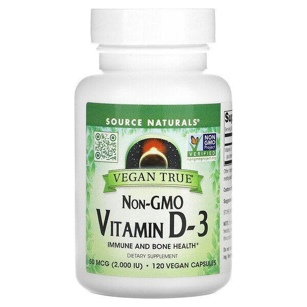 Не содержащий ГМО витамин D-3, 50 мкг (2000 МЕ), 120 веганских капсул Source Naturals