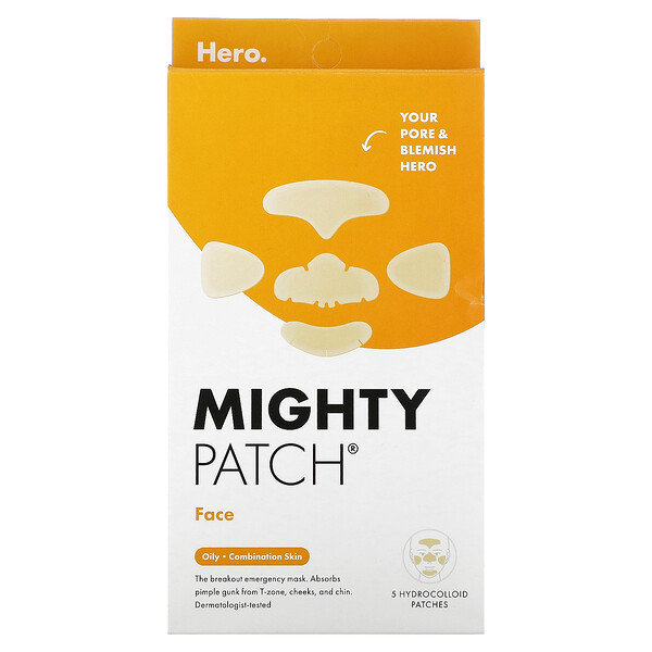Mighty Patch, для лица, жирная, комбинированная кожа, 5 гидроколлоидных пластырей Hero Cosmetics