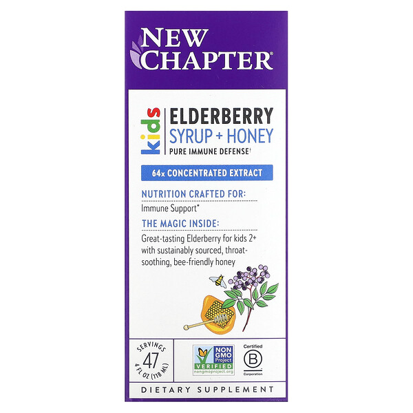 Kids, Elderberry Syrup + Honey, Ages 2+, 4 fl oz (Жидкие унции) (118 ml) New Chapter