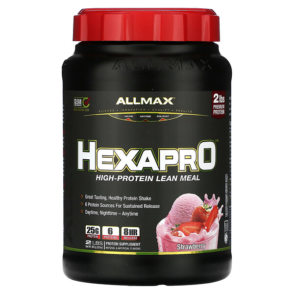 Hexapro, Постная еда с высоким содержанием белка, клубника, 2 фунта (907 г) ALLMAX