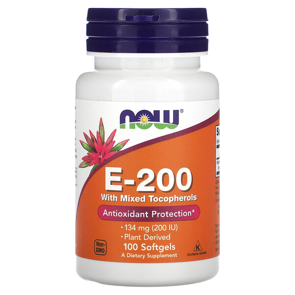 E-200 с смешанными токоферолами, 134 мг (200 МЕ), 100 мягких капсул - NOW Foods NOW Foods