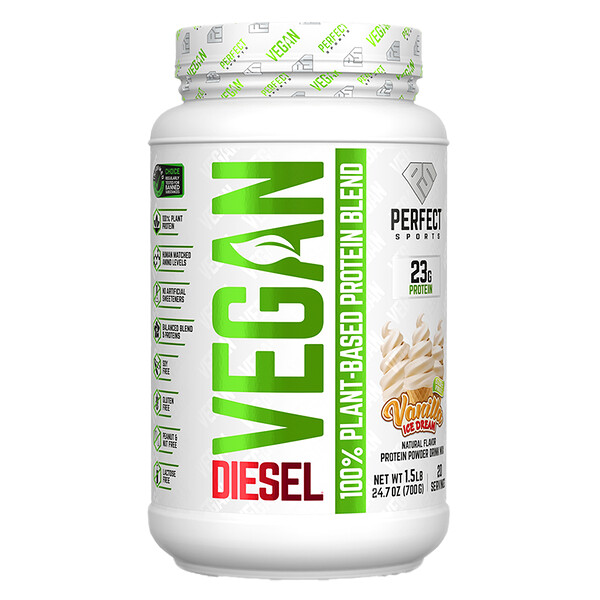 Vegan Diesel, 100% белковая смесь растительного происхождения, ванильное мороженое, 1,5 фунта (700 г) Perfect Sports