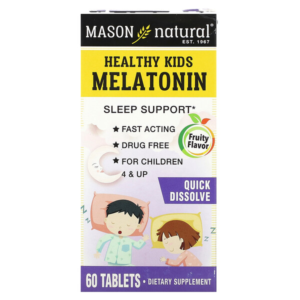 Healthy Kids Мелатонин, от 4 лет и старше, фруктовый, 60 таблеток Mason Natural