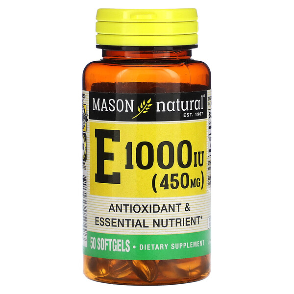 Витамин Е, 450 мг (1000 МЕ), 50 мягких таблеток Mason Natural