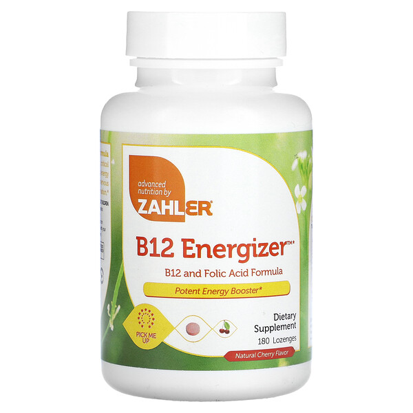 B12 Energizer, формула B12 и фолиевой кислоты, натуральная вишня, 180 пастилок Zahler