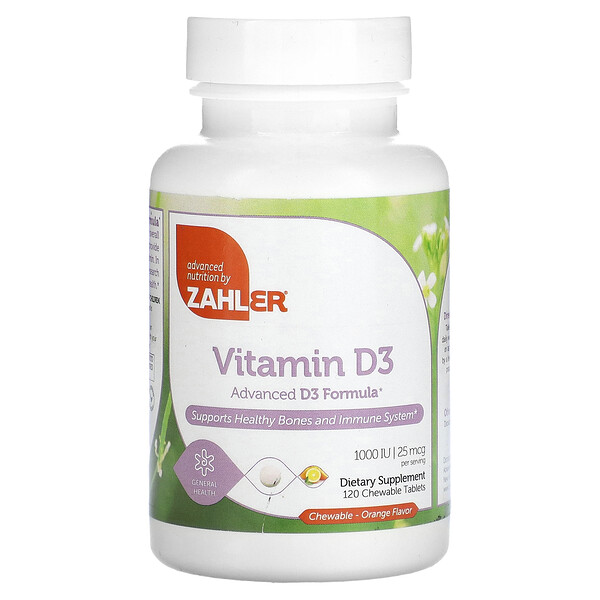 Витамин D3, расширенная формула D3, апельсин, 25 мкг (1000 МЕ), 120 жевательных таблеток Zahler