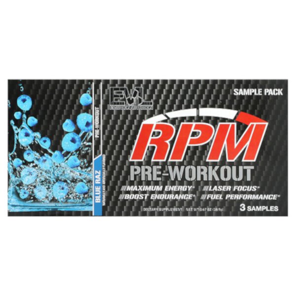 RPM, Предтренировочный набор, образец, Blue Raz, 3 стик-паковки, 18,9 г (0,67 унции) EVLution Nutrition