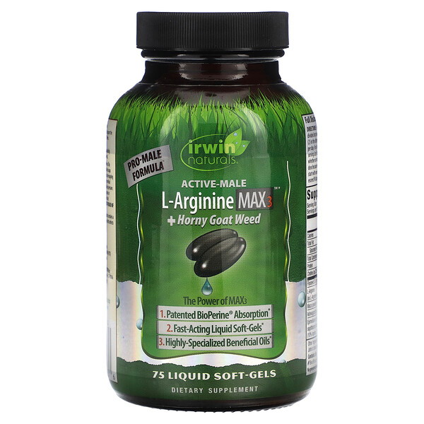 Active-Male, L-Arginine Max3 + Horny Goat Weed, 75 Liquid Soft-Gels Irwin Naturals