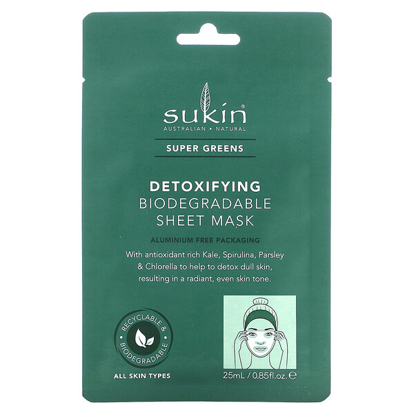 Super Greens, Биоразлагаемая тканевая маска для детоксикации, 1 шт., 25 мл (0,85 жидк. унции) Sukin