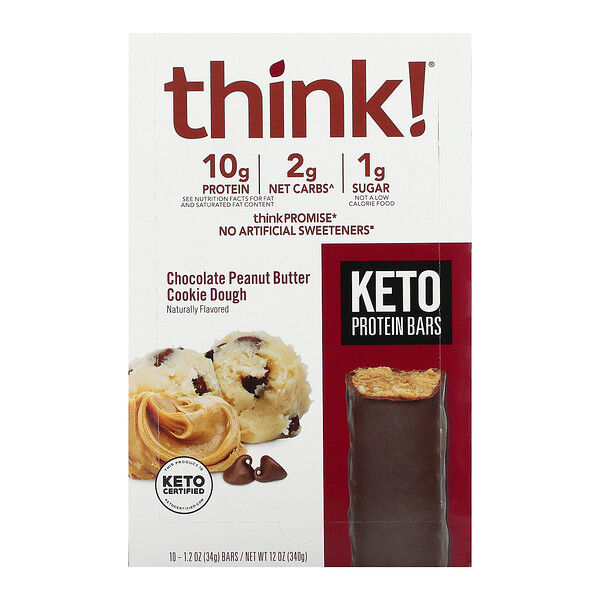 Keto Protein Bars, шоколадное тесто для печенья с арахисовым маслом, 10 батончиков по 1,2 унции (34 г) каждый Think!